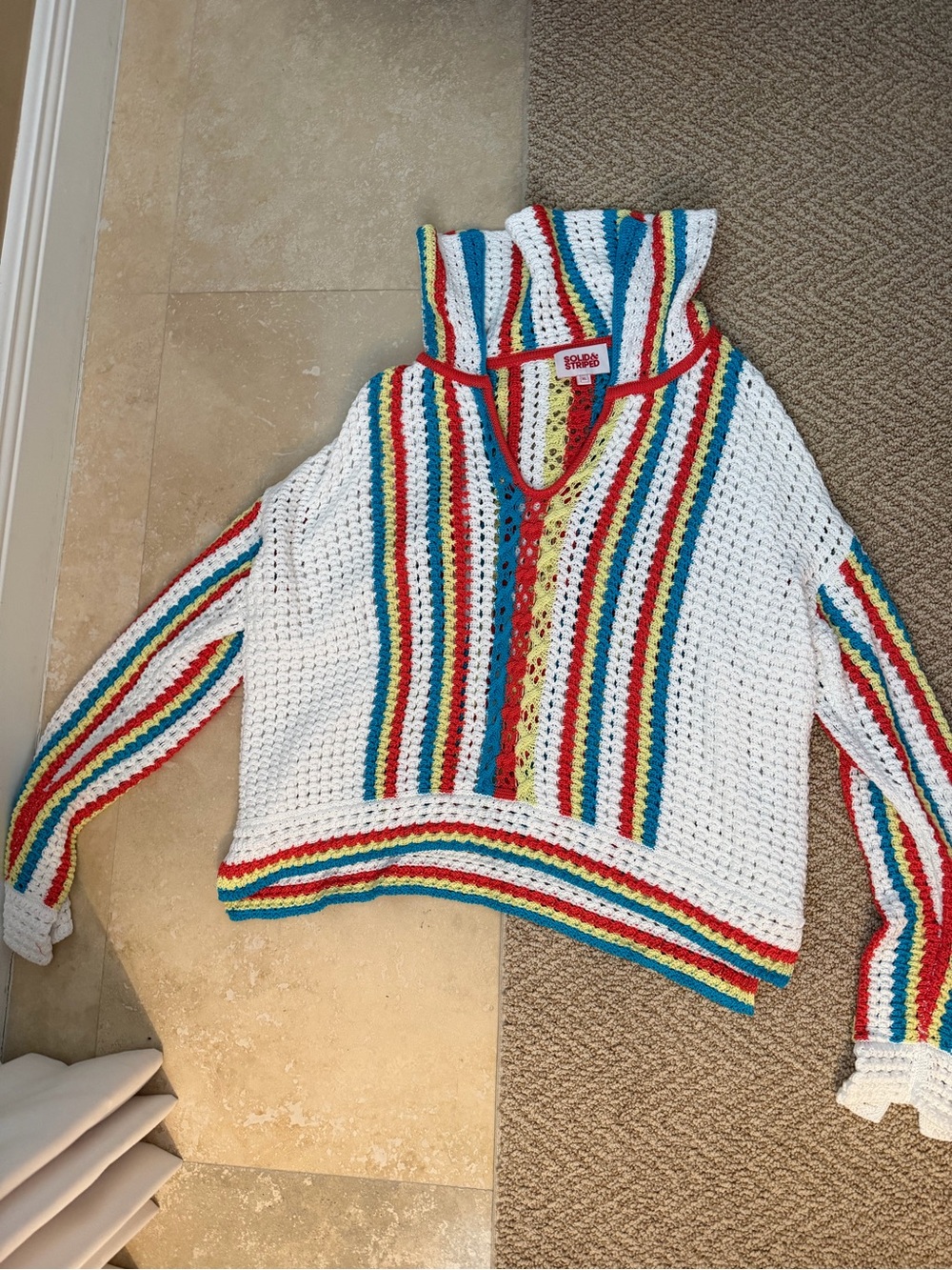 Striped Crochet Hooded Pool Sweater - White with Orange, Yellow & Blue